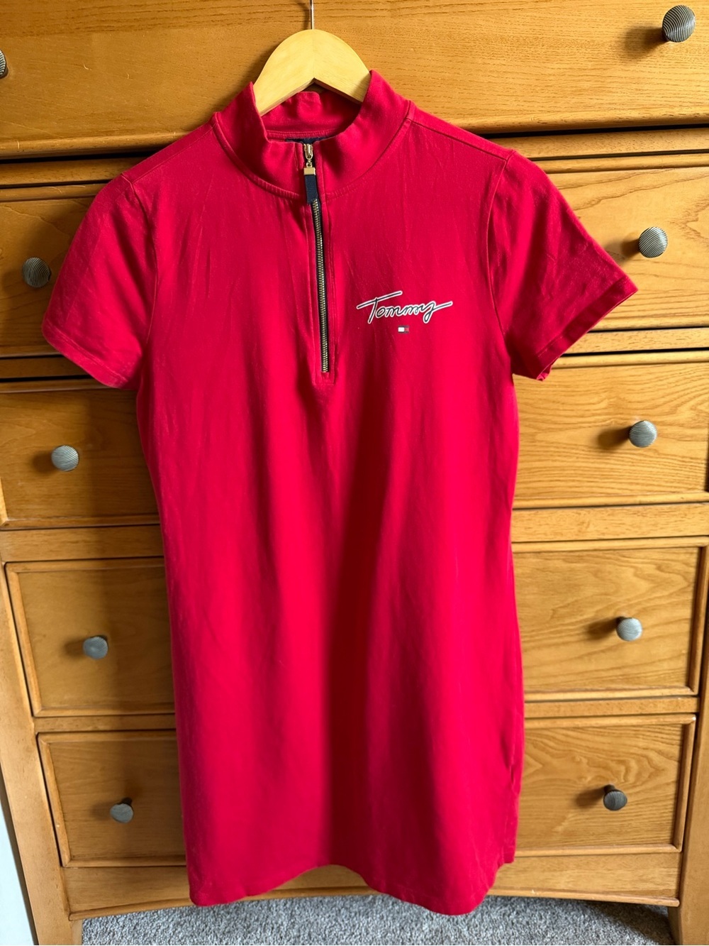 Tommy Hilfiger Polo Mock Neck Quarter Zip Dress Womens Size Medium Red Preppy